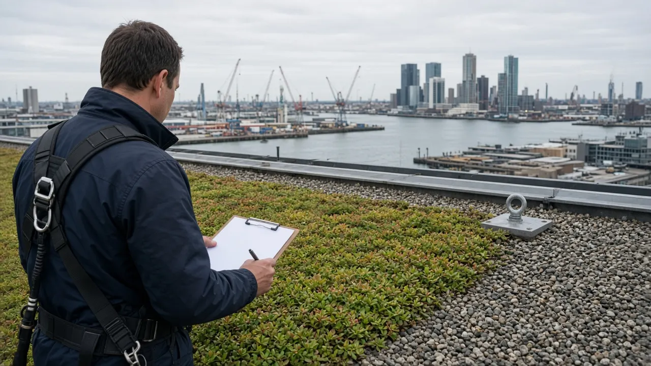 Inspecteur loopt een opleverlijst na langs de grindrand van een Rotterdams groendak