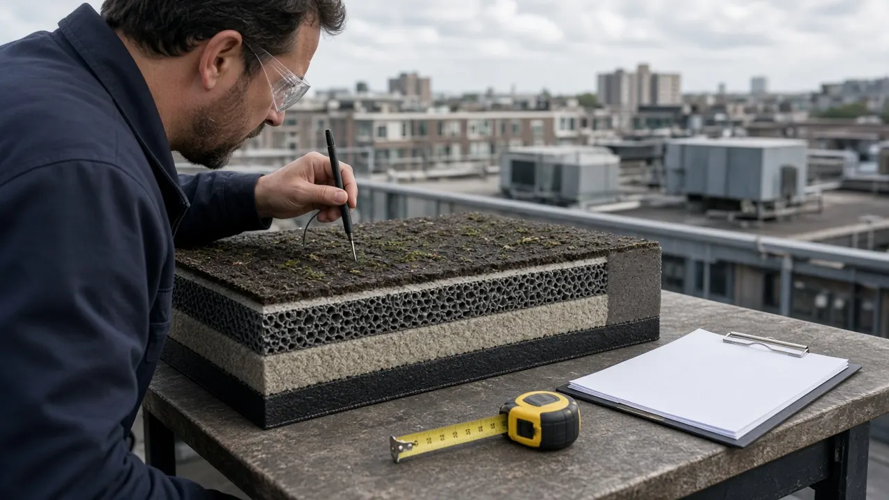 Ingenieur controleert drainage en substraat van een groendakopbouw op een Rotterdams dak