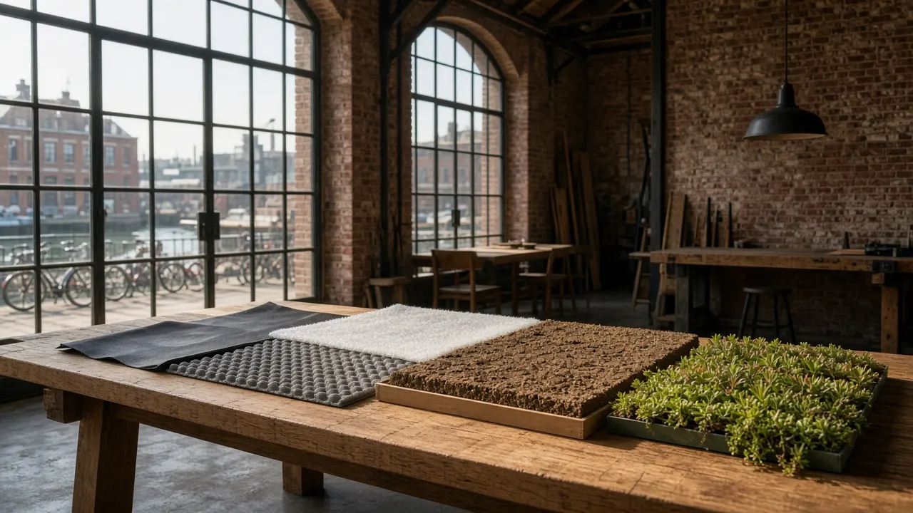 Werktafel met daklagen en sedumstekken in het NLGroei-atelier op de RDM-kade Rotterdam