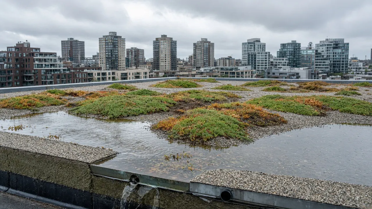 Water blijft staan tussen sedumeilanden op een retentiedak in Rotterdam na regen