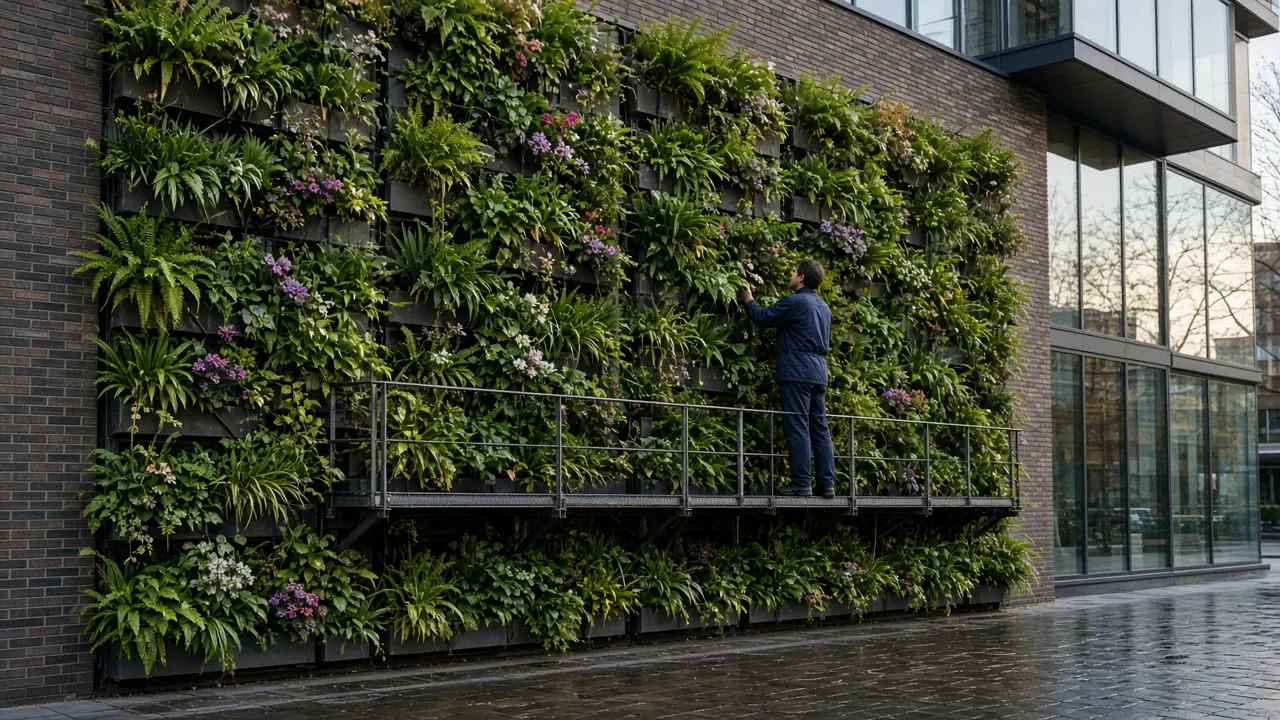 Ontwerper inspecteert een begroeide gevelmodule aan een Rotterdams gebouw in de ochtend